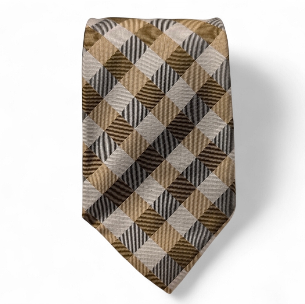 VINTAGE Lands End Silk Tie Long Tan Cream Check Necktie Y2K Classic